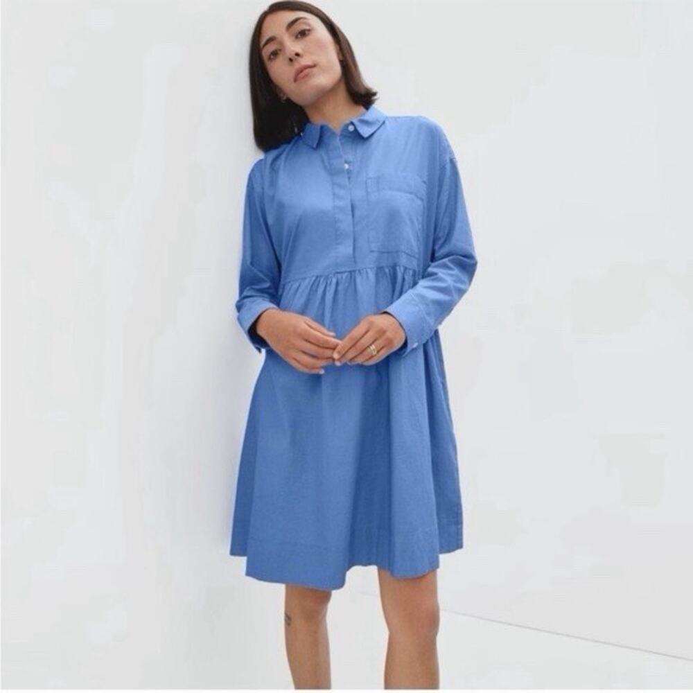 Everlane The Field Midi Dress in Blue Cotton Poplin Size XS Loose Fit Button Up